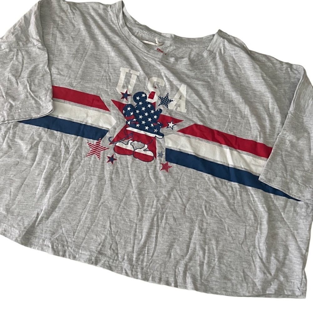 Disney Patriotic Red White & Blue USA Mickey Mouse Gray Top Women's Size XL